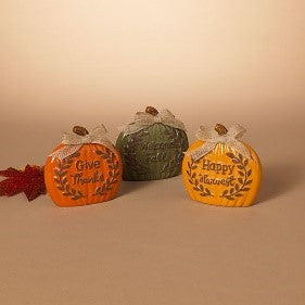 5.1"L Ceramic Harvest Pumpkin W/Ribbon, 3 Asst.