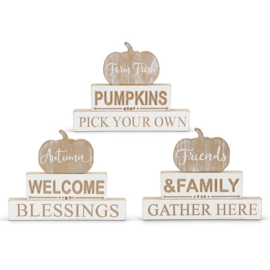 Engraved Harvest Message Stacked Wood Tabletop with Pumpkin