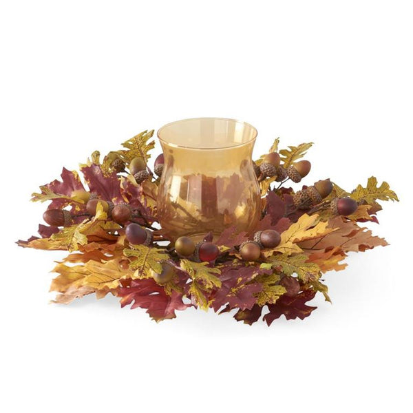 Fall Oak Leaves Candle Ring with Amber Glass Hurricane