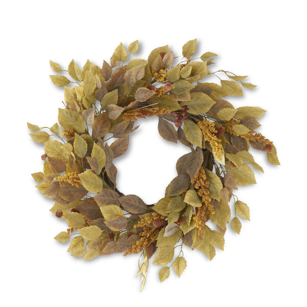 Wreath - Green Birch Leaves  with Mustard Spikes