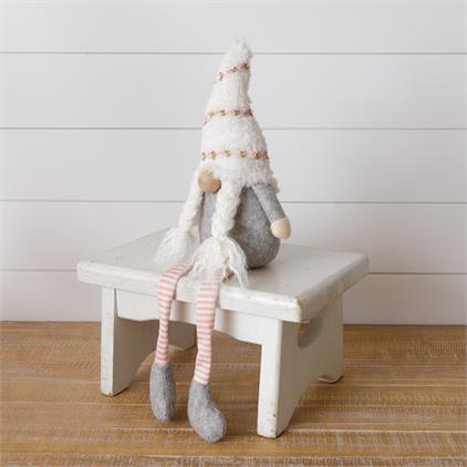 Weighted Shelf Sitter Gnome - White Hat With Rose Ribbon