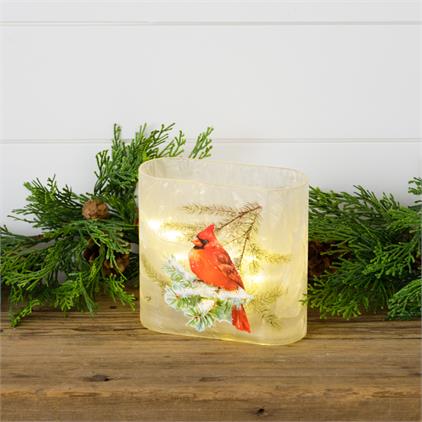 Frosted Glass Luminary-Cardinal on Snowy Branch, Square