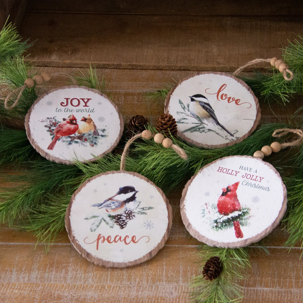 Round Wood Slice Ornaments - Winter Birds