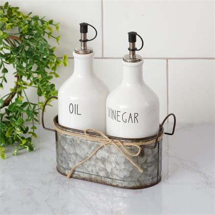 Ceramic Oil and Vinegar Cruets with Galvanized Caddy
