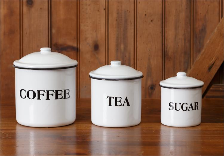 White Enamelware - Canisters; Coffee, Tea, Sugar