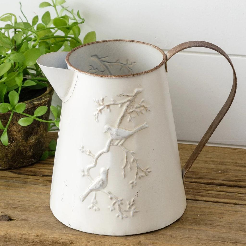 Pitcher - Embossed Birds With Gold Distress