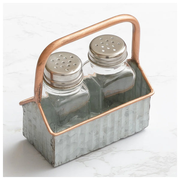 Salt And Pepper Shakers In Caddy - Corrugated Metal